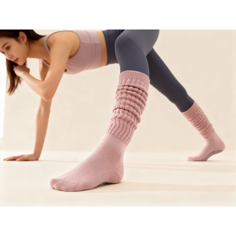 Yoga Fitness Youtube - 女性用コットン滑り止めピラティスソックス、ヨガフィットネス用ロング丈重ね履きソックス、シリコン付き冬用室内ジムフロアヨガウェアソックス