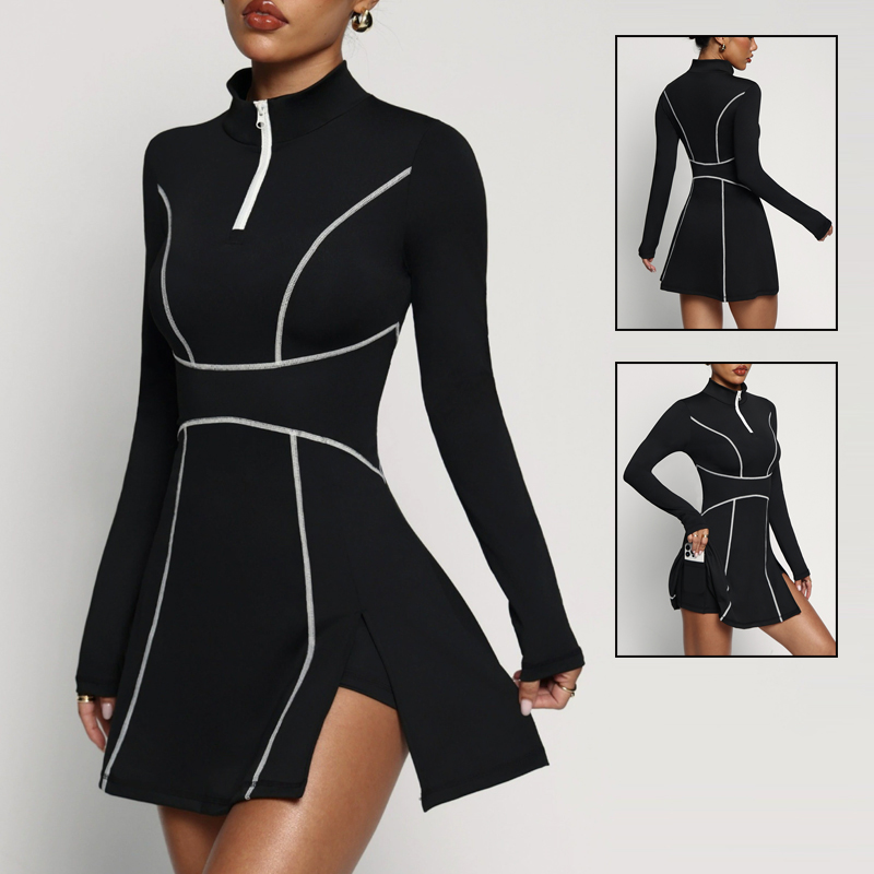 Yoga Fitness Dress - 新しいレディーステニスゴルフドレス、ポロ襟ジッパーネックラインヨガドレス、レディース長袖スプリットバドミントンジムスカート（インナーショートパンツ付き）