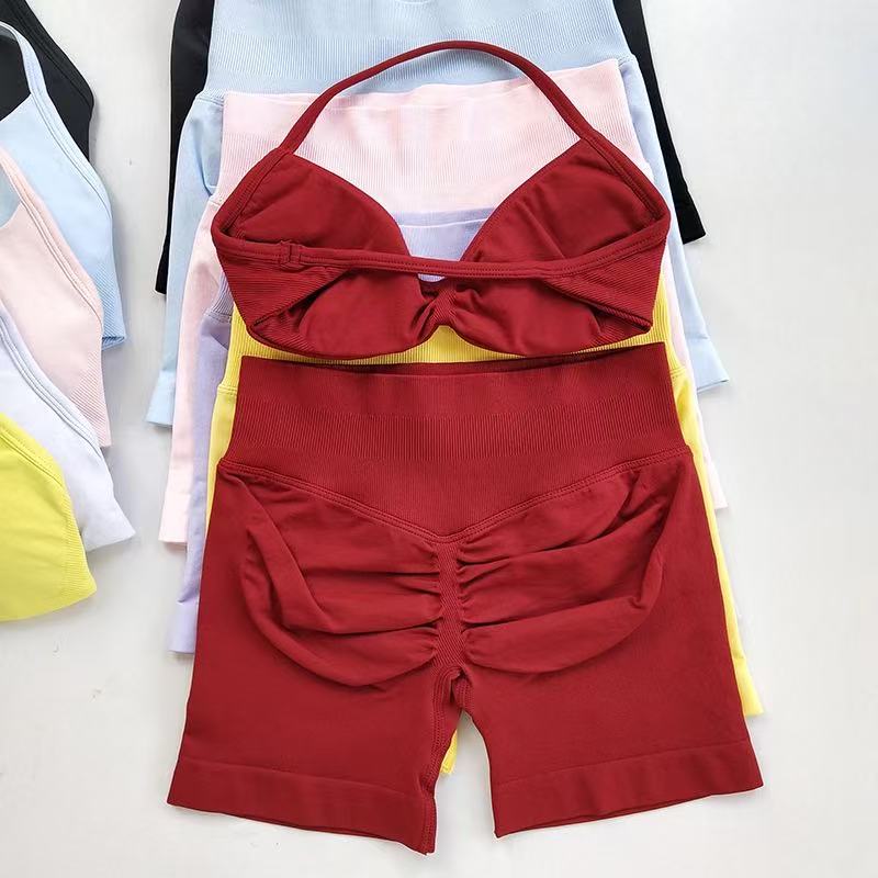 Yoga Y Fitness - HISTELLO スポーツセットピース女性ストラップ付きジムヨガブラトレーニングスクランチショーツフィットネススポーツスーツ服シームレスヨガセット