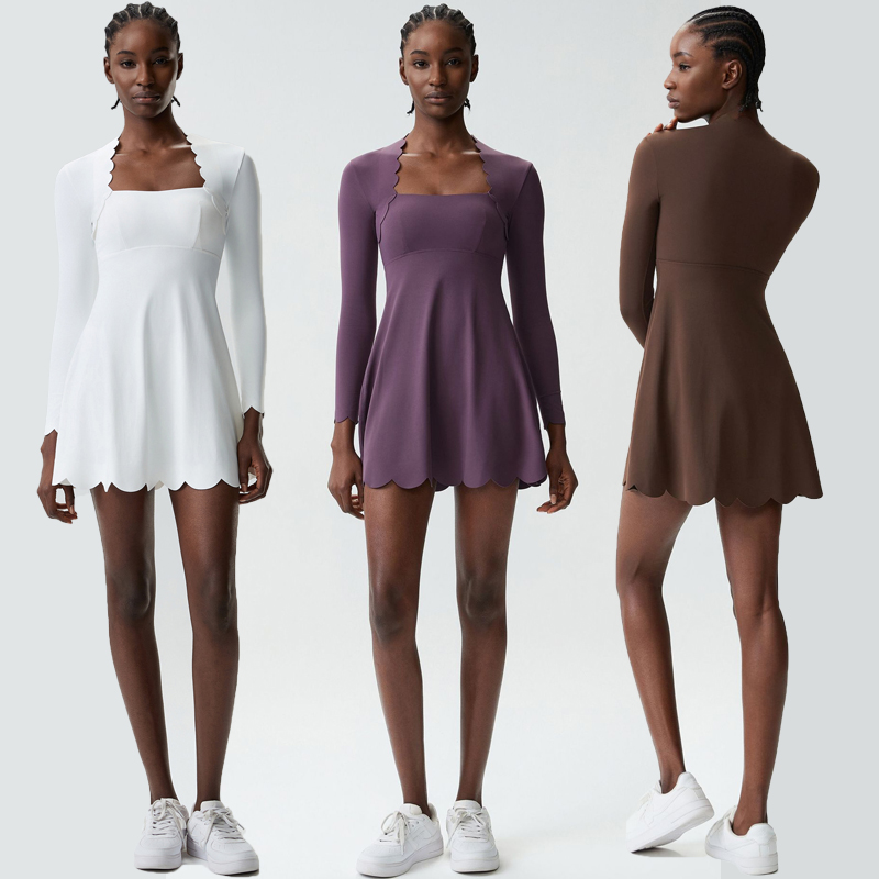 Yoga Fitness Dress - 女性ヨガテニススカート無地屋外ランニングスーツ伸縮性のある長袖ジムドレス通気性速乾ショートスポーツウェア