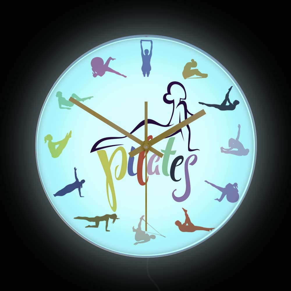 Yoga Fitness Rooms - ピラティスポーズ カラフルプリント壁掛け時計 LEDバックライト付き フィットネスルーム ヨガスタジオ LEDネオンサイン