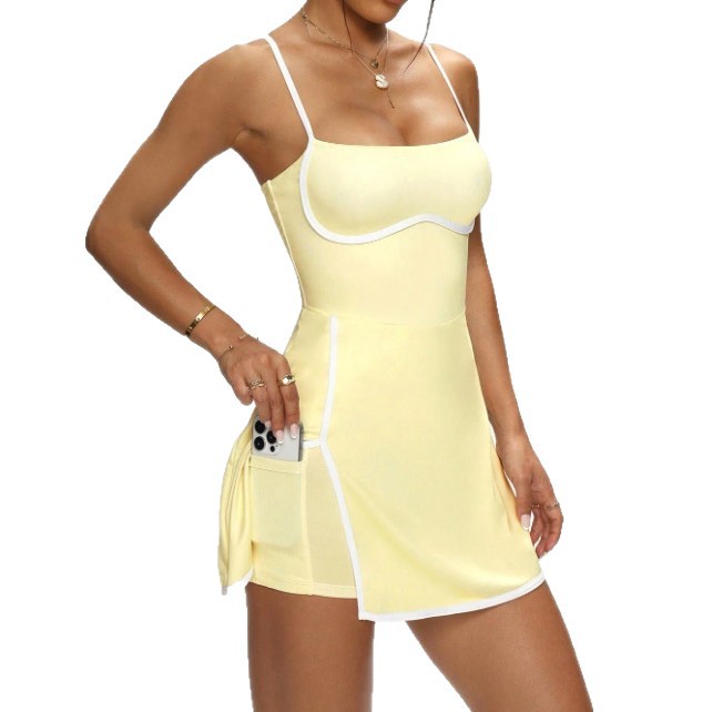 Yoga Fitness Dress - 女性用サマーカラーブロックスパゲッティストラップワンピースドレス、内蔵ブラ付き、テニス、ヨガ、フィットネス、バドミントン、アウトドアワークアウト、スポーツに最適