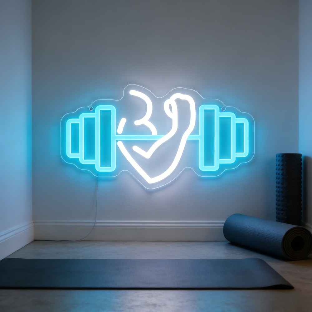 Yoga Fitness Rooms - 上腕二頭筋ダンベルネオンサインLEDウォールアート、ホームジム、ヨガスタジオ、フィットネスルームの装飾、アラビア語の神の引用句入りワークアウト照明