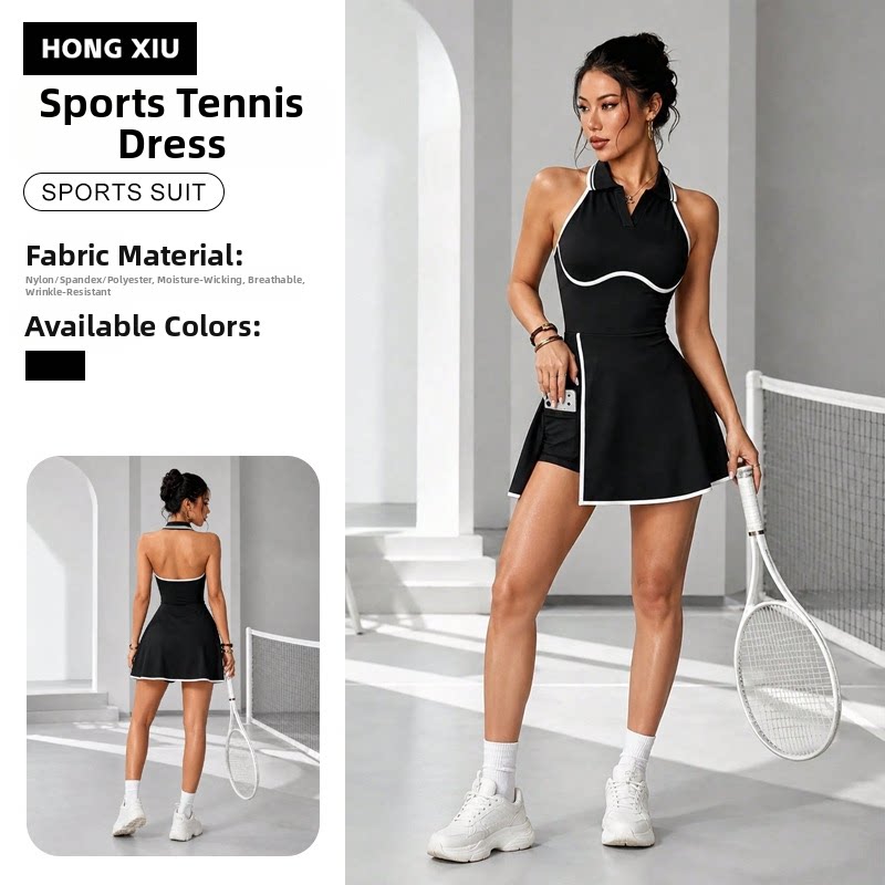 女性用オープンバックカラーブロックテニススコートドレス、ポケ - Yoga Fitness Dress のレビューと価格