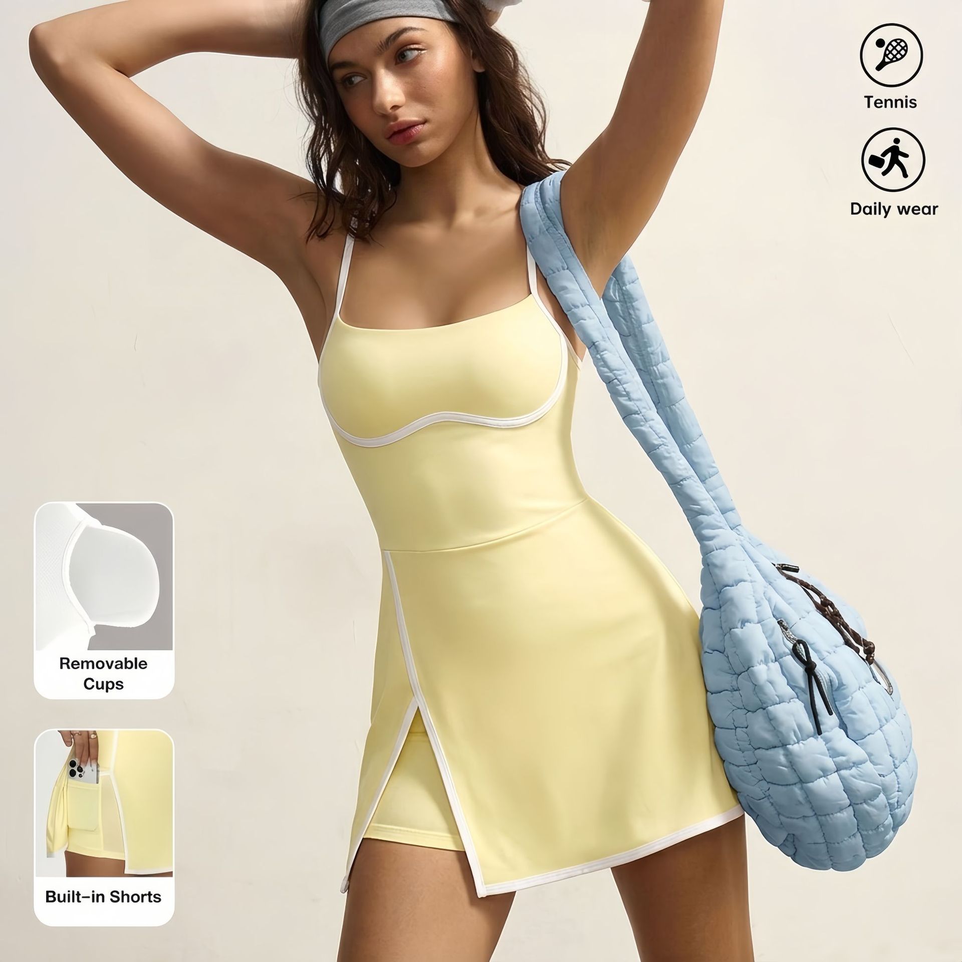 女性用サマーカラーブロックスパゲッティストラップワンピースド - Yoga Fitness Dress のレビューと価格